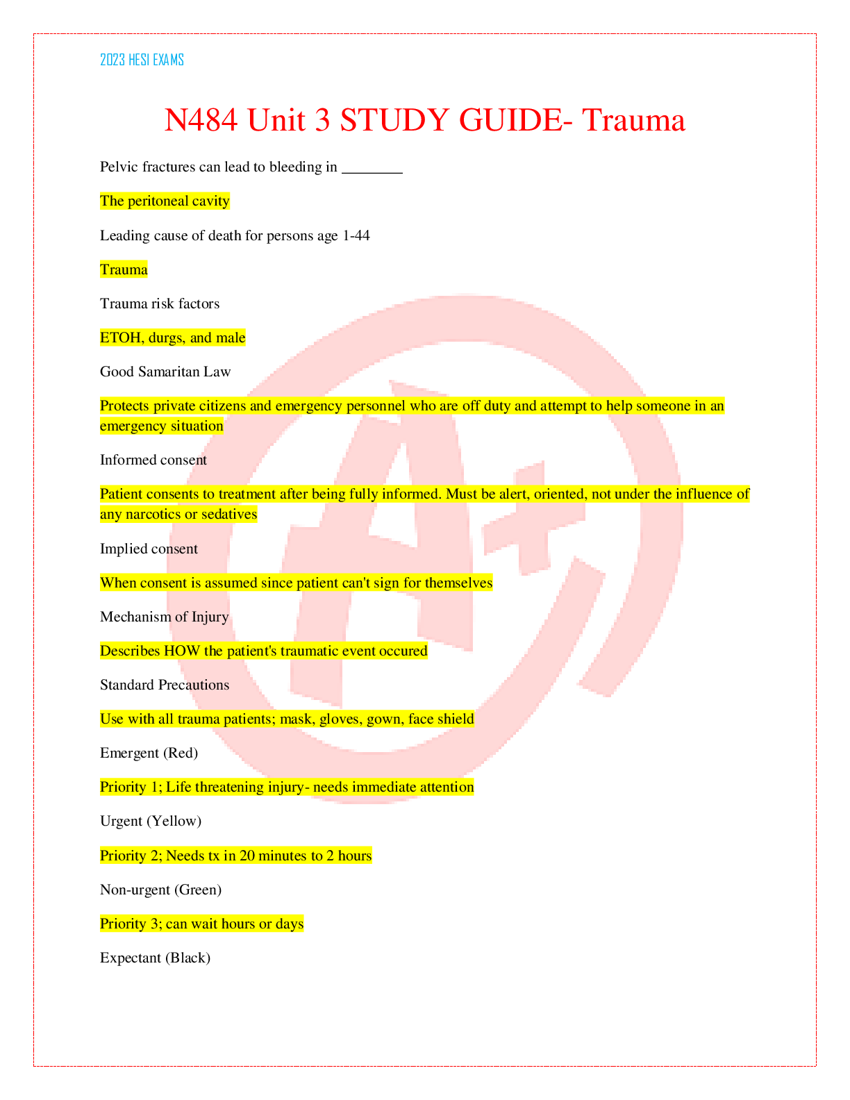 Preview image of N484 Unit 3 STUDY GUIDE- Trauma document